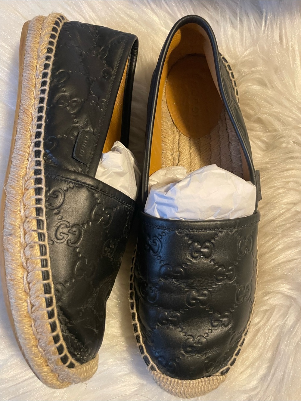 Authentic Gucci women Black Leather Espadrille Loafers